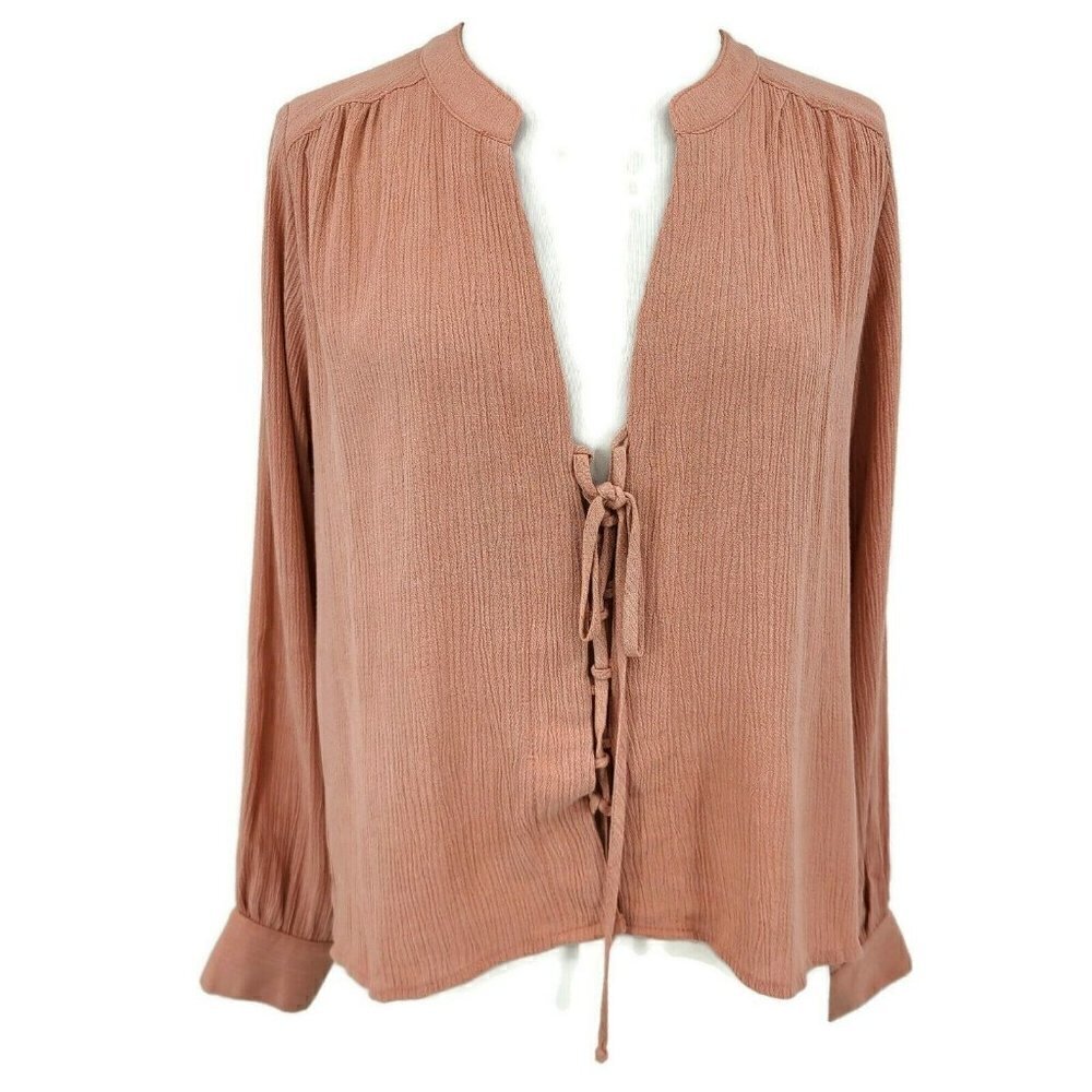 New Flynn Skye Get Away Blouse Womens XS Lace Front Top Rose Crinkle Long Sleeve